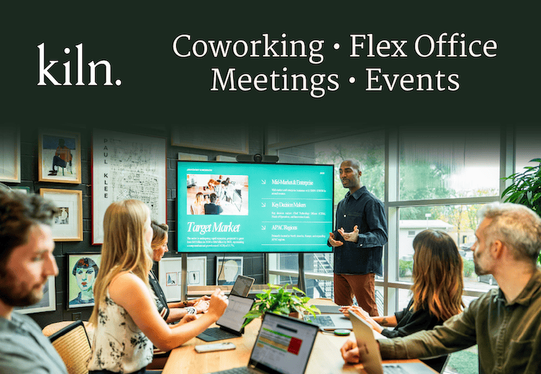 Kiln — Kiln builds boutique workspaces, not office parks — 23,000 square feet in Preston Hollow with a recording studio, deep-work rooms, and a relaxation room, plus a second location in Plano. Month-to-month, with no lease and no buildout.